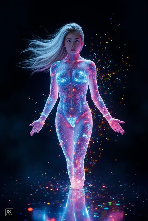 Image of a beautiful girl surrounded by light particles, masterpiece. UHD. photorealistic, full body, Ultra-realistic capture, 18k, RAW photos, highest quality, masterpiece, reality, very detailed, very beautiful girl, detailed face, rainbow, automata, cyb...