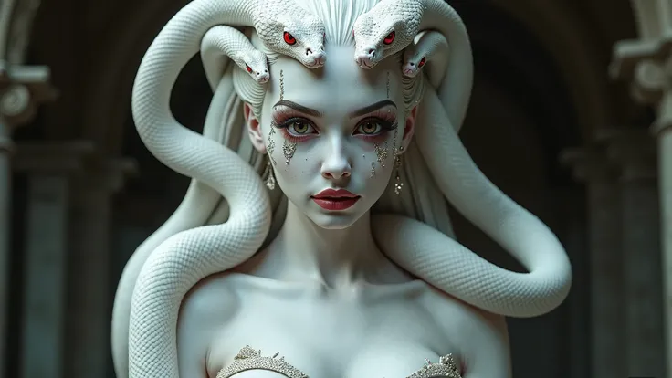  Greek mythology , girl, mutant, Medusa,  gorgon with her hair formed by snakes , fotografia girl branca albina,  delicate diamond-shaped face , ( porcelain skin texture ,  pale white smooth shiny skin ,  extremely detailed: 1.2),  small round chin ,  larg...