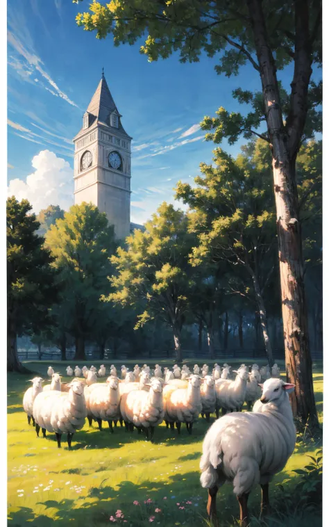 (best quality, masterpiece, photorealistic, elaborate details:1.2), A serene pastoral idyll scene of a shepherd and his flock of sheep in a lush green meadow. The shepherd is wearing a gray coat and a black hat and is leaning on a wooden staff. The sheep h...