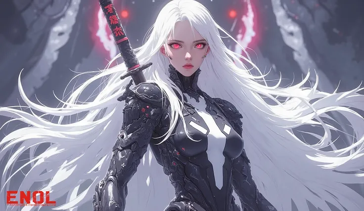 young ai woman with dark red glowing eyes and long flowing white hair, No bangs, very tall, with thick thighs, wide hips, long legs, and a slender waist. she is wearing a black and white outfit with a futuristic design. two large  katanas are tightly secur...