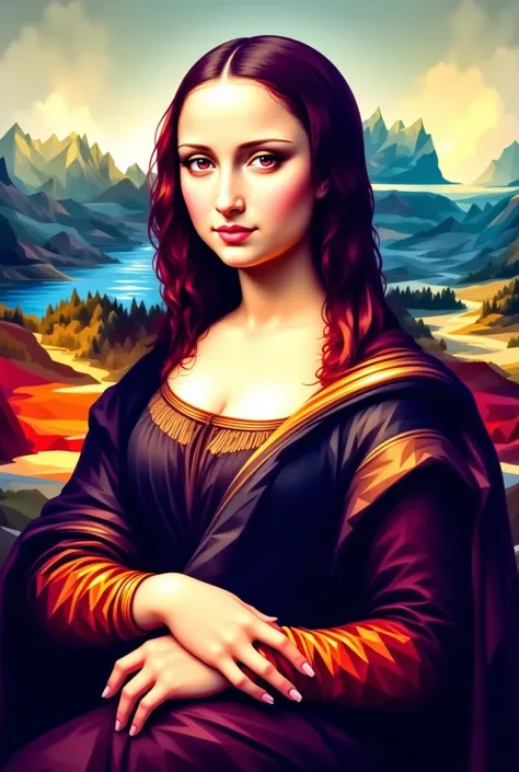 This image is a digital artwork depicting a stylized version of the Mona Lisa, a famous painting by Leonardo da Vinci. The artwork is created using a polygonal style, where the face and background are composed of numerous interconnected polygons in various...