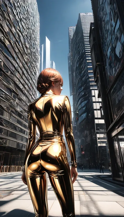   Conceptual Installation Weird and Bizarre Artwork, girl in leather costume,  Shiny Copper Plating  ,  Brilliant Silver Plated ,   World View of Smooth Skyscrapers with Shiny Gold Plating , Mirror finish,  Metal Plating ,  Meshibe , Mr.々Effects ,  delicat...