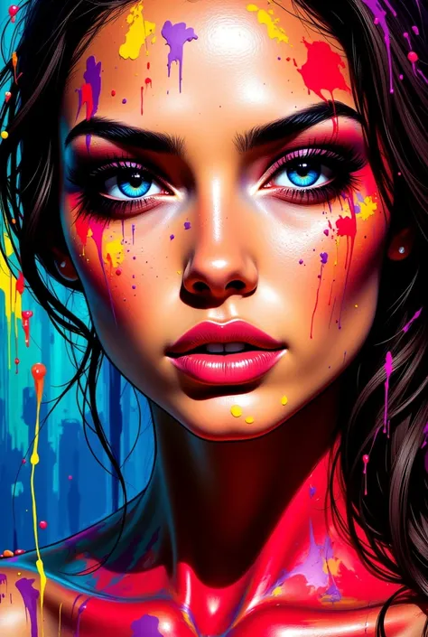 This image is a vibrant, abstract painting of a close-up of a woman's face. The artwork is done in a style reminiscent of pop art, with bold, expressive brushstrokes and a high degree of color saturation. The woman's face dominates the frame, filling most ...