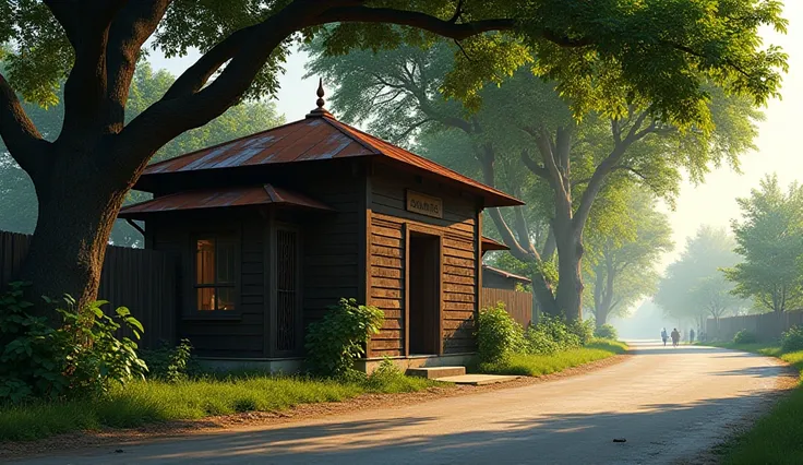 **Image Visualization:**

*On the edge of a quiet road, a small mosque stands majestically under a large shady tree. This simple building is made of dark brown wooden walls, with a rusty zinc roof, adding to the old and historic impression. Around it, ther...