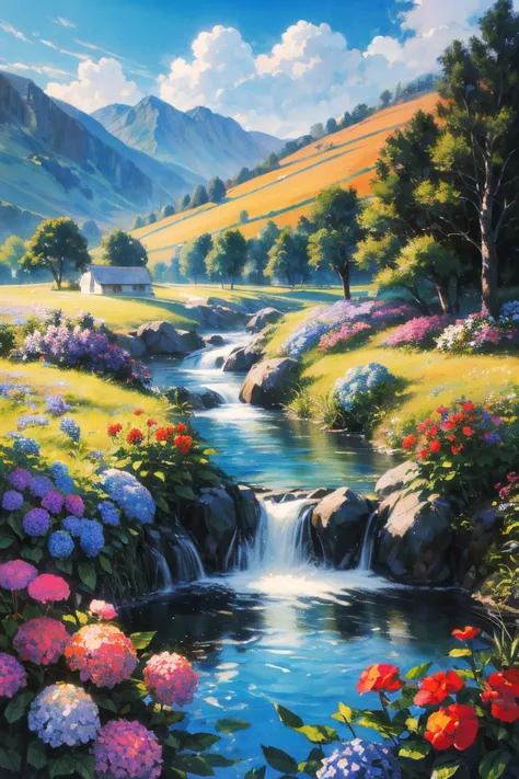 (best quality, masterpiece, photorealistic, elaborate details:1.2), Painting of a small stream flowing through the grassland, surrounded by wildflowers and hydrangeas in full bloom. In front is an old white farmhouse with a purple roof, surrounded by rolli...