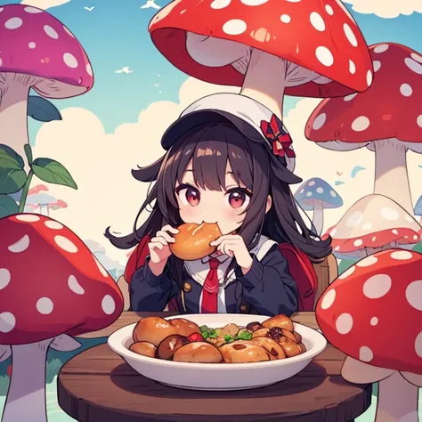 (( best quality)), ((masterpiece)), (  Details),  perfect face、A cute person wearing a hat with round red mushroom spots is eating mushroom food