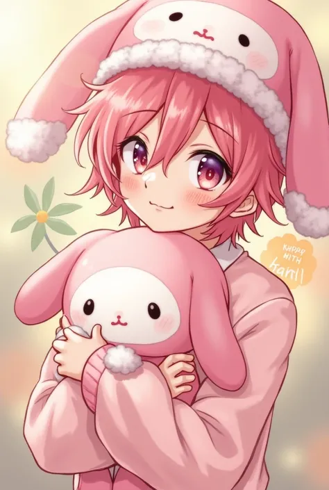 Make me a male character anime version, messy pink hair, a ukana or pink hat from My Melody a pastel pink blouse from Muy Melody a plush toy in the hands of My Melody