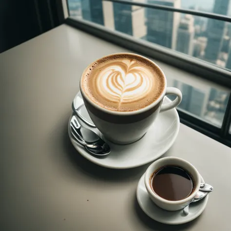 close-up of a cup of coffee with the reflection of the city can be seen in it