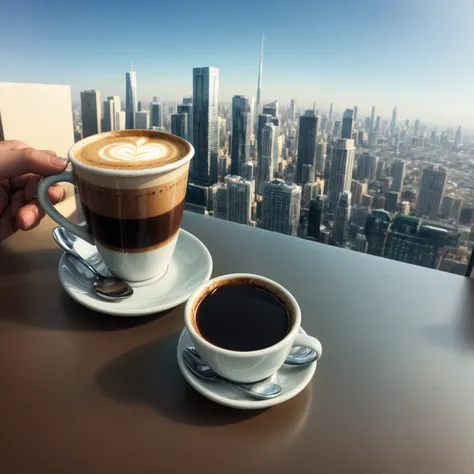 close-up of a cup of coffee with the reflection of the city can be seen in it