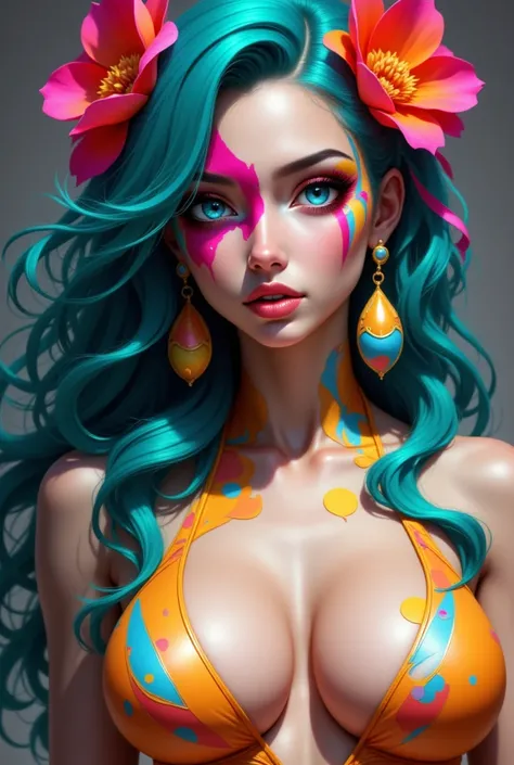 This image is a highly detailed, digital artwork depicting a stylized female figure with an expressive and striking face. The subject has long, flowing, wavy hair in vibrant teal hues, adorned with large, colorful flowers in shades of orange, pink, and red...