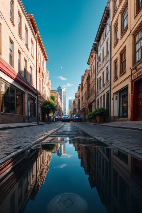 A low-angle urban scene with a narrow cobblestone street in a small town, where people walk between buildings with stores on either side. On the ground, there is a very long puddle with crystal-clear water, as reflective as a mirror. The puddle's reflectio...