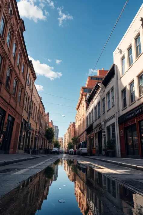 A low-angle urban scene with a narrow cobblestone street in a small town, where people walk between buildings with stores on either side. On the ground, there is a very long puddle with crystal-clear water, as reflective as a mirror. The puddle's reflectio...