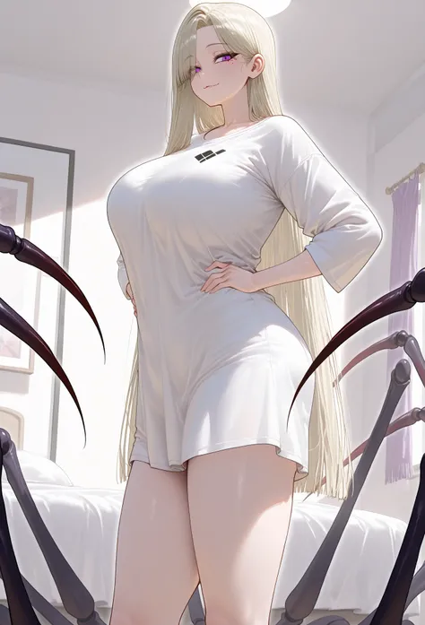 ((Blonde hair), long hair, straight hair, fringe hair), side bangs, (purple eyes, perfect eyes, sharp eyes), oversized), (white shirt, loose shirt, extra arachne arms), standing, bedroom, (lovely gaze, (mole under eye, extra eyes, four eyes, long legs, sid...