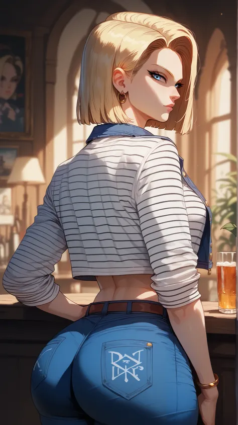 Android 18 style,  perfect eyes,  perfectly sexy face, ultra detailed,  ultra perfect eyes ,  big beautiful woman ,  rear view , dark blue shorts, Body,  looking at the spectator,