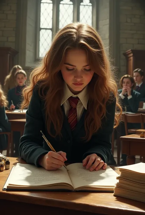 Hermione in a skirt kneeling takes exam 