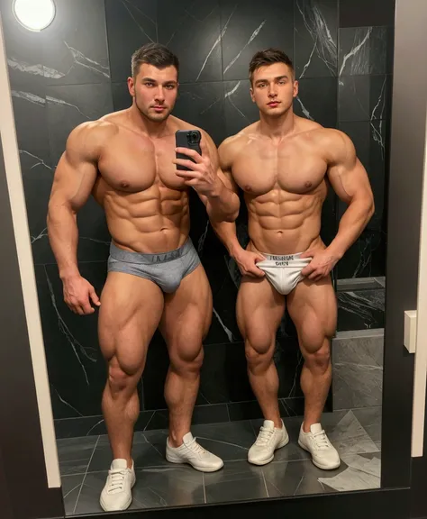  two men in underwear posing for a photo in a mirror,   Greg Rutkowski and Jakub Rebelka , Ivan Shishkin and Greg Rutkowski , Vitaly Bulgarov y Mike Nash, Neil Blevins and Jordan Grimmer , Greg Rutkowski and Ivan Shishkin, muscular and burly ,  Greg Rutkow...