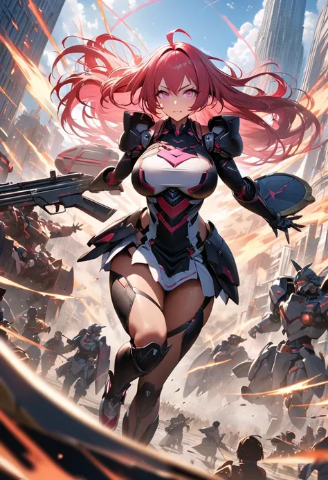 Giant beatiful mecha girl,(solo),armor tunic, (she is taller than building),Explotion,Dynamic Scene,rifle,shield, masterpiece,best quality,perfect face,ultra detailed,pink eyes,Scarlet hair,long hair,ahoge,straight hair,big breasts,ultra distance view,dyna...