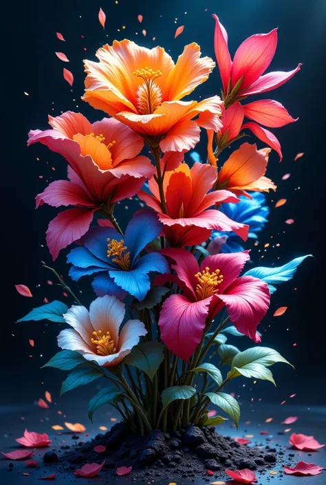 This image is a highly detailed, digitally created artwork featuring a vibrant and surreal floral arrangement. The flowers, which are in various stages of bloom, are predominantly orange, red, pink, blue, and white, with some petals having a metallic sheen...