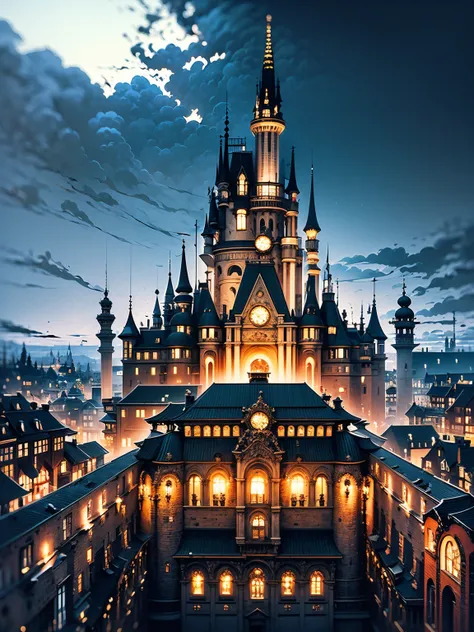  Make a city seen from above . A magical and dark kingdom ,  the dark sky contrasts with the scant lights that appear from the houses and between walls .  The dark sky shows a dark tension , but beautiful.  The rustic and refined landscape ,  the castle se...