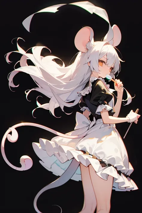  high resolution,White Rat,Personification,Mouse ears ,tail,woman, short, slender, anatomically correct, Candy Shop ,Frills