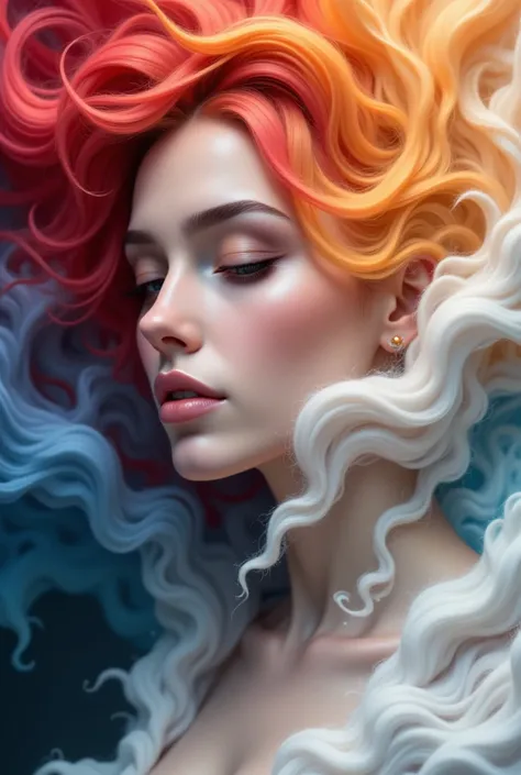 This image is a digitally manipulated photograph of a person's face, seamlessly integrated with an abstract, cloud-like background. The subject's face is positioned in the upper left portion of the image, facing left, with a serene expression. The person a...