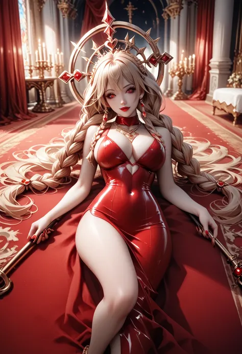 woman lying on a gigantic red carpet Palace with sculptures red curtains thin athletic body slender buttocks big breasts hair braids long red eyes red lipstick red long nails red tight red latex short dress tattoos necklaces heart candles red religious sym...