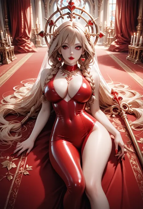 woman lying on a gigantic red carpet Palace with sculptures red curtains thin athletic body slender buttocks big breasts hair braids long red eyes red lipstick red long nails red tight red latex short dress tattoos necklaces heart candles red religious sym...