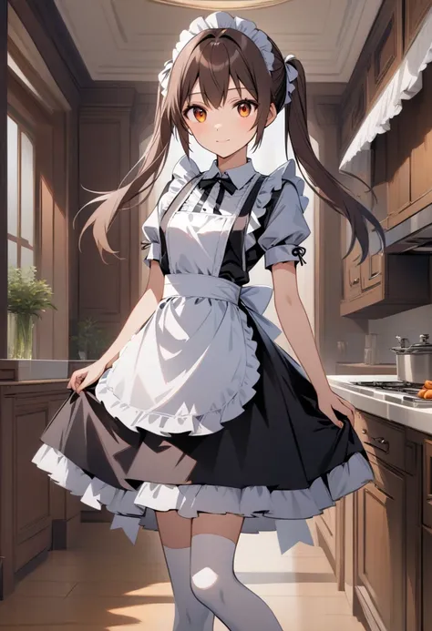 (masterpiece), best quality, expressive eyes, perfect face, 1 Girl, Tall, Tomboy, solo, long twintail hair, brown hair, amber eyes, medium chests, gentle smile, looking at viewer, light blue maid dress, short-sleeve, black maid neck ribbon, light blue maid...