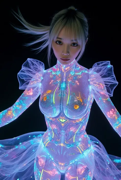 Image of a beautiful girl surrounded by light particles, masterpiece. UHD. photorealistic, full body, Ultra-realistic capture, 18k, RAW photos, highest quality, masterpiece, reality, very detailed, very beautiful girl, detailed face, rainbow, automata, cyb...