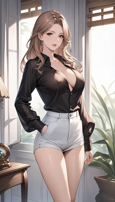 masterpiece,  Graceful Mature Woman, Katarina (  Granblue Fantasy),  slim,  upper body,  standing on a long-sleeved shirt and the ,  transparent black shirt,  down blouse ,   areola slip ,  more details,  high resolution,   is ridiculous, Home,  SEMI-REALI...