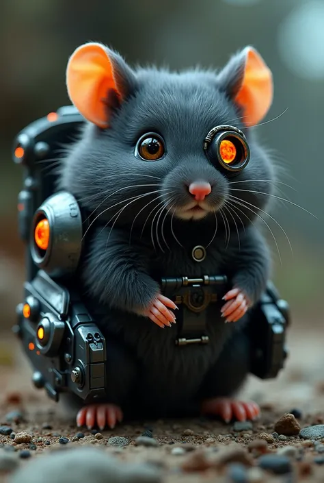 A black male hamster with robotic parts and a bionic eye and loves to eat