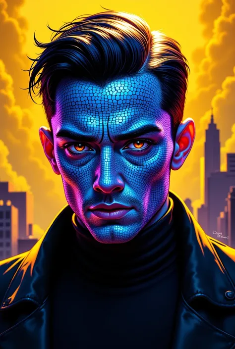 This image is a digital artwork featuring a highly detailed, mosaic-style portrait of a man with a prominent, well-groomed hairstyle. The subject's face is composed of numerous small, evenly spaced circles in various shades of blue, purple, and black, crea...