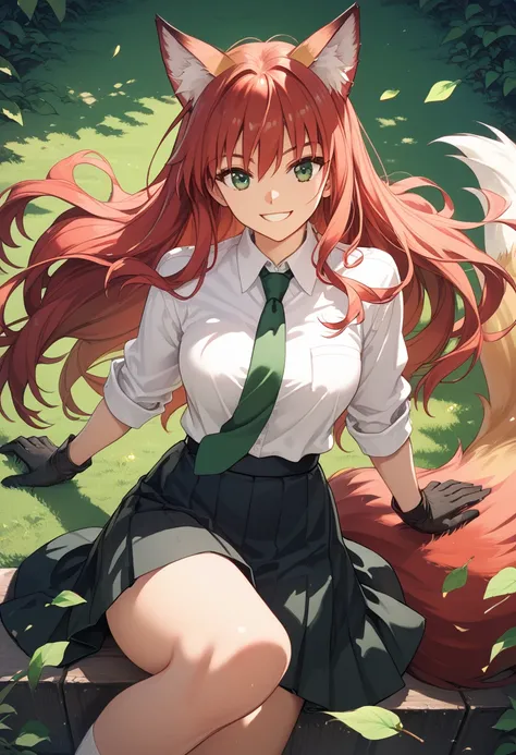 AG stay, BREAK AG _stay,  Fox ears , fox tail, red-haired,  emerald green eyes , messy long hair,  HIGH SCHOOL CLOTHES, Black skirt, green tie,  big boobs, neckline, black gloves, smile, dams,