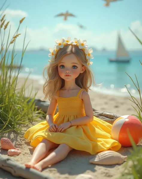 With porcelain skin and an intricately styled golden hair ornament、Amidst the lush greenery of a seaside park, a vibrant yellow sundress is topped with white flowers、Vivid beach balls、Colorful seashells、A girl doll plays amongst driftwood、A highly detailed...