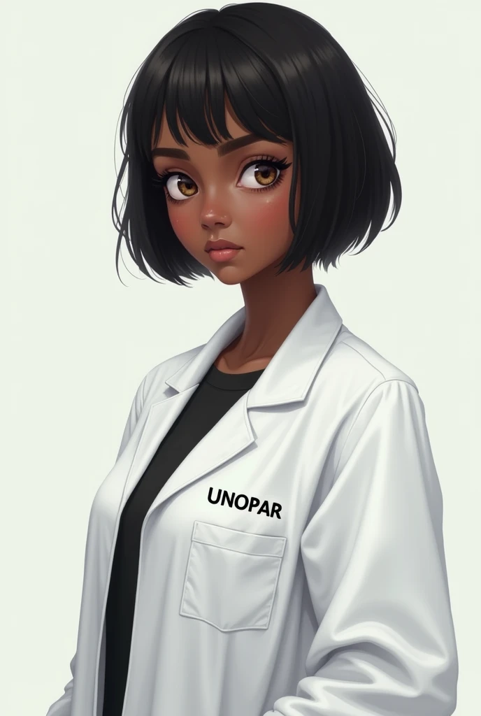 afterwards, a 23-year-old woman with dark black skin with brown and crooked eyes with short black hair with white lab coat written Unopar 
Graduate in Chemistry 
