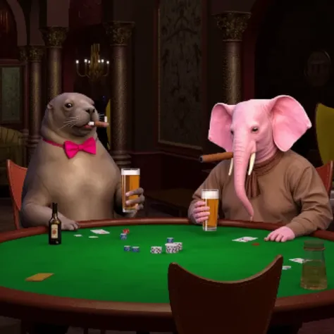 The image is a screenshot from a 3D-rendered scene, possibly from a 90s edutainment video game or a virtual environment. The scene depicts a brown seal wearing a pink bowtie and a pink elephant wearing a brown bolo tie playing poker together in a casino on...