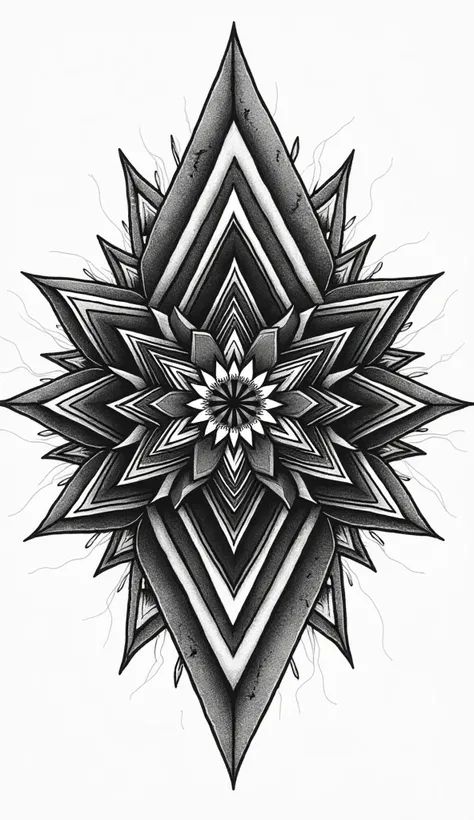 Endless Mandala triangles. In black and white,  tattoo sketch in detail.