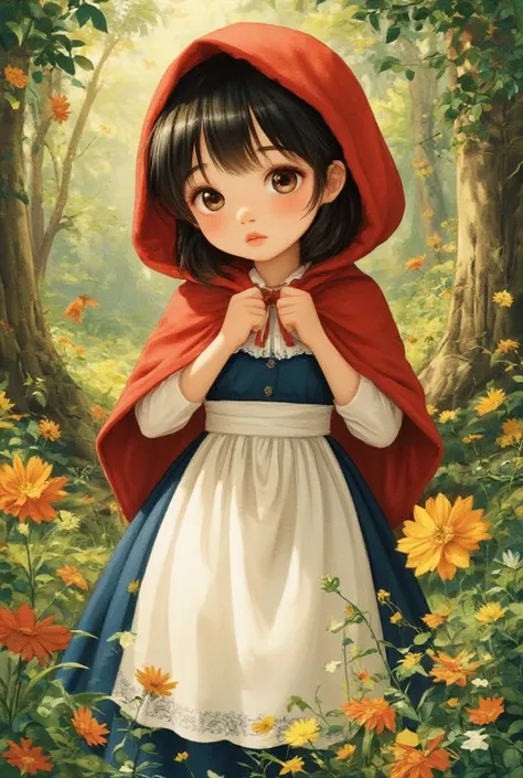  best quality,   super high resolution, illustration style, (( cute middle school girl)),( small tits), semi-long black hair , brown eyes, Little Red Riding Hood,