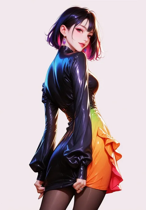 1girl,solo, black dress,long sleeves, colorful dress,
