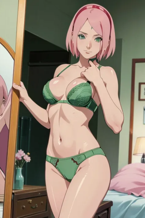 Sakura Haruno short pink hair green eyes big boobs healed abdomen thick thighs big panties green thighs panties floss and green bra the cell phone in the hand in front of the mirror sexy inside the bedroom posing sensual anime