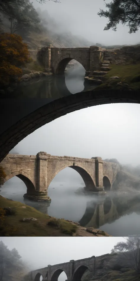 (best quality, photorealistic, ultra-detailed:1.2), ancient magical bridge in the fog