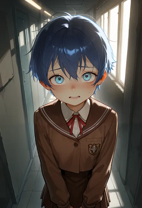 No light source, completely dark environment, solo, score 9, score 8, score 7, Best quality::2.5, artwork::2.5, Masterpiece::2.5, Beautiful features, good anatomy, realistic look, beautiful details, Close up, detailed eyes, rodecchi, Shota, blue hair, shor...