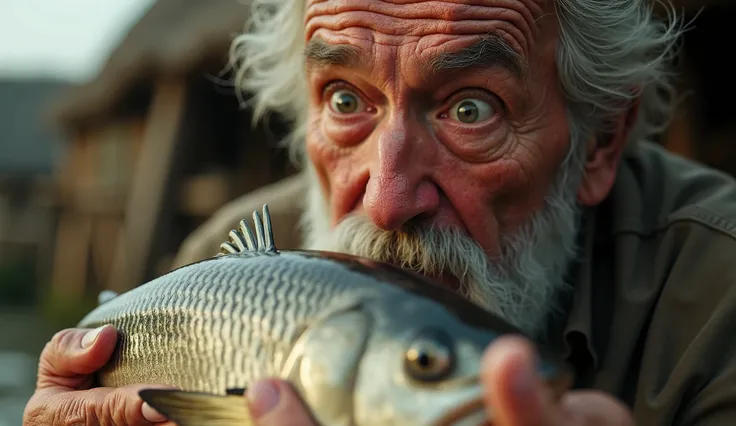 "Create a close-up scene of an elderly man with a weathered face, his eyes wide with amazement as he closely examines a large fish. The fish is held in his trembling hands, its scales glistening with a faint sheen of water. The man's expression reflects a ...