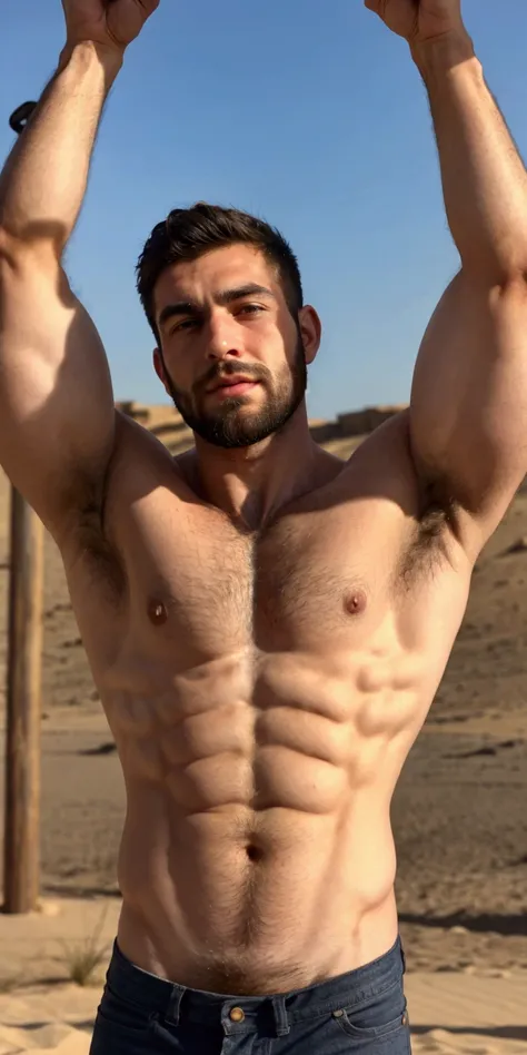 handsome and manly 25-year-old man with a trimmed beard without a shirt, hairy arms, axila, hairy bodies, hairy chest and  hairy body, Body hair, bare hairy chest, hairy chest,  hairy body, Hairy torso, scant chest hair ,  medium plane of a muscular , very...