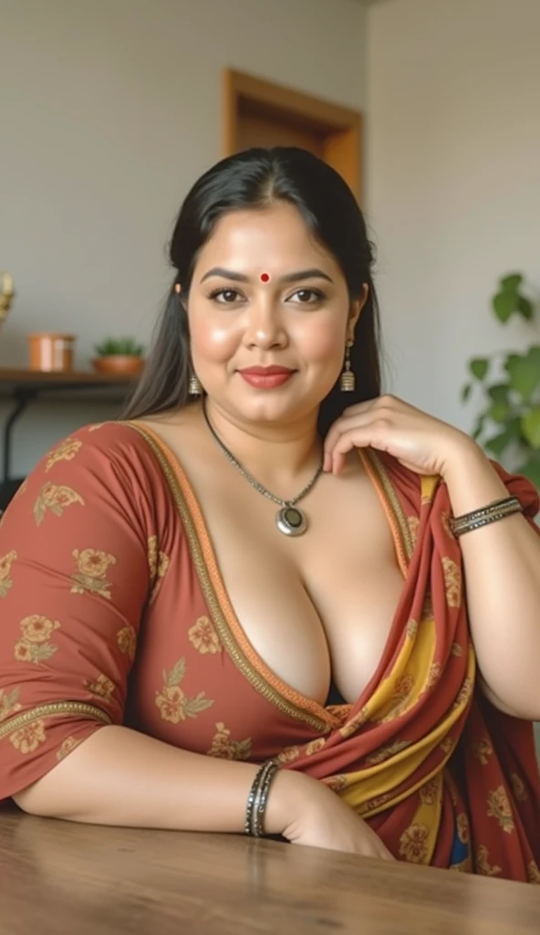 kerala female reshma in home.reshma is average sized body. perfectly fit body figure with deep cleavage and big breast and indian fair skin tone and black hair.wearing red colour printed saree with  blouse.Realistic photo.Realistic photo. High quality phot...