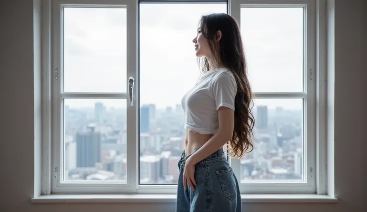 A woman that is standing in front of a window, portrait of female Korean idol, discord profile picture, visible stomach, looking into the horizon, full shot photo, tonal topstitching, thin body, model society, young skinny gravure idol, avatar image, long ...