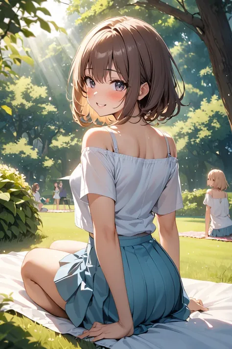 Woman sitting on a picnic sheet、white off-the-shoulder short sleeve t-shirt、Designed to open the chest moderately、Light colored mini skirt、Find your lover and smile、Wobble your hands to signal、Embarrassed、Get on one knee、 camisole、 bra、 punch、 transparent、...