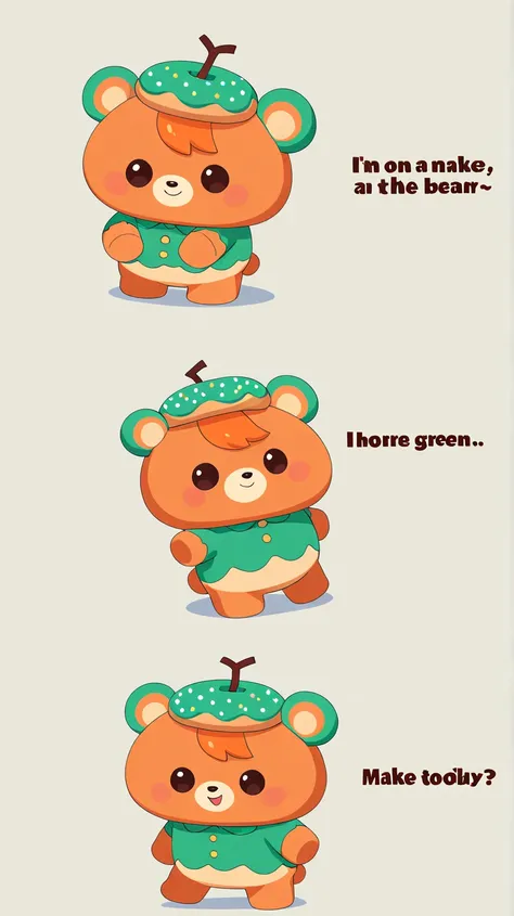 Make an animated image of an orange-haired bear wearing green donut-themed clothing and having the bear's ears be green donuts