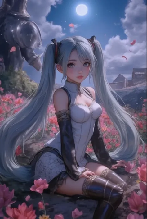 (Masterpiece、 best quality、 best quality、 Official Art、  beautiful and beautiful  :1.2)、( One Girl:1.3) Hatsune Miku、 Twin Tails, beautiful breasts, masterpiece,  best quality,  1 girl in the best, ( colorful),( beautiful eyes and exquisite face with great...