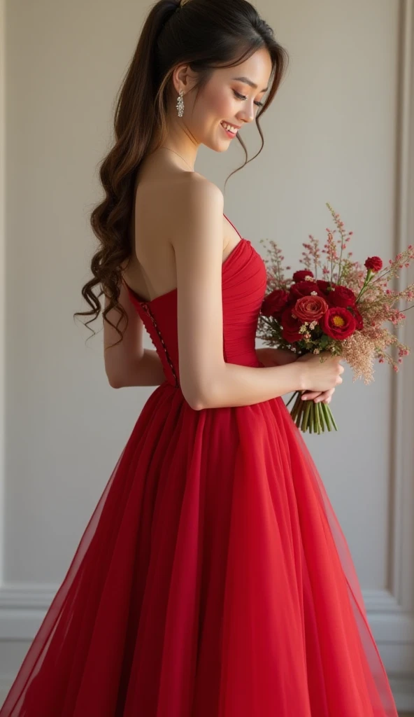 Beautiful woman, white skin, smiling face, long hair in a ponytail, with jewelry, wearing a beautiful red long evening dress, with jewelry, in her hand, a bouquet of flowers with a wide angle picture., Hair flower, modern, 